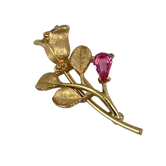 Avon Retro Gold Tone Rose Brooch With Pink Rhinestone Accent 2" - Picture 2 of 5